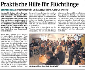 Die Rheinpfalz zur Eröffnung des Café One World